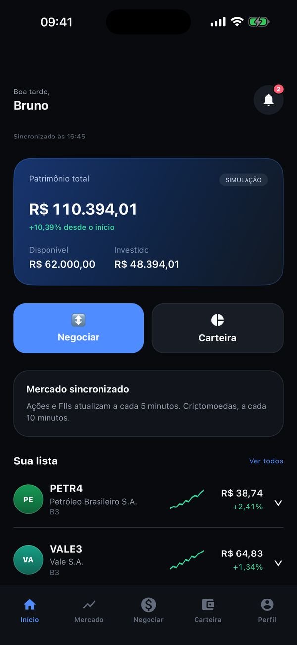 Tela inicial do SimTrader com patrimônio simulado de R$ 110.394,01, atalhos para Negociar e Carteira e a lista de ações acompanhadas
