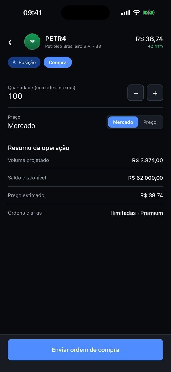 Tela de compra de PETR4 com quantidade, tipo de preço e resumo da operação antes do envio da ordem