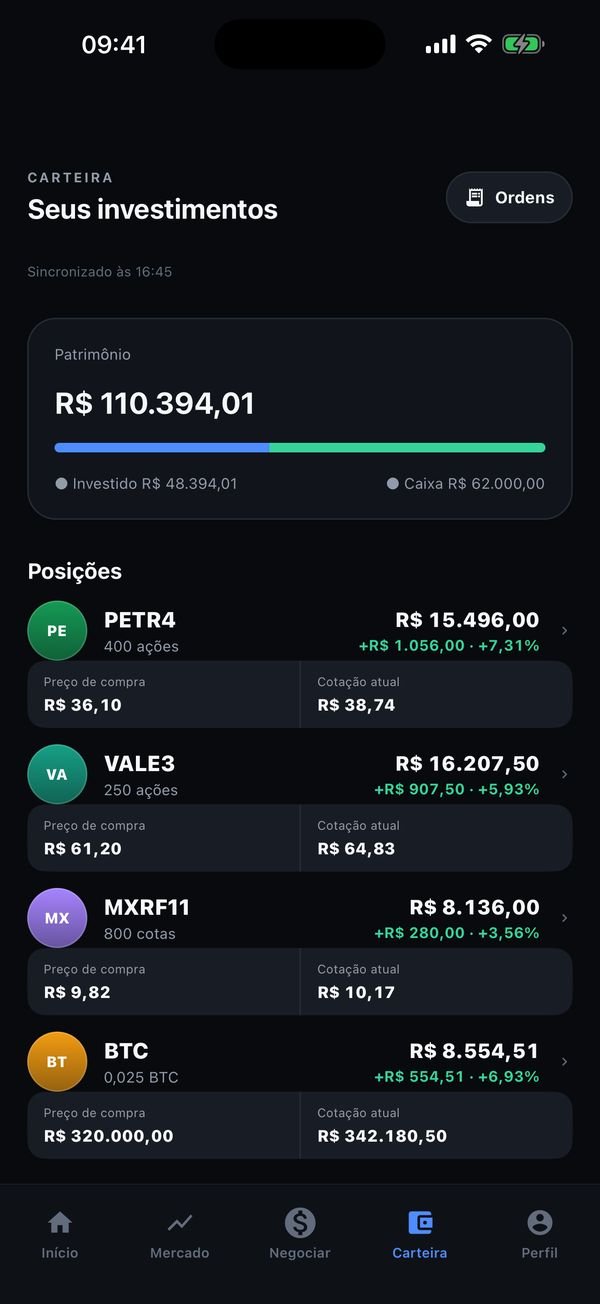 Carteira simulada com patrimônio, divisão entre investido e caixa e posições com preço médio e rentabilidade