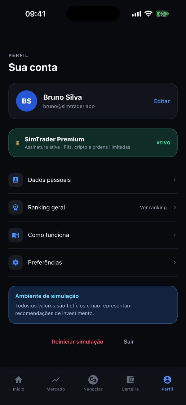 Tela Sua conta do SimTrader com a opção Reiniciar simulação e o aviso de que todos os valores são fictícios